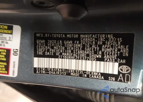 2015 Toyota Corolla Le from USA, damaged, VIN 2T1BURHE7FC377005